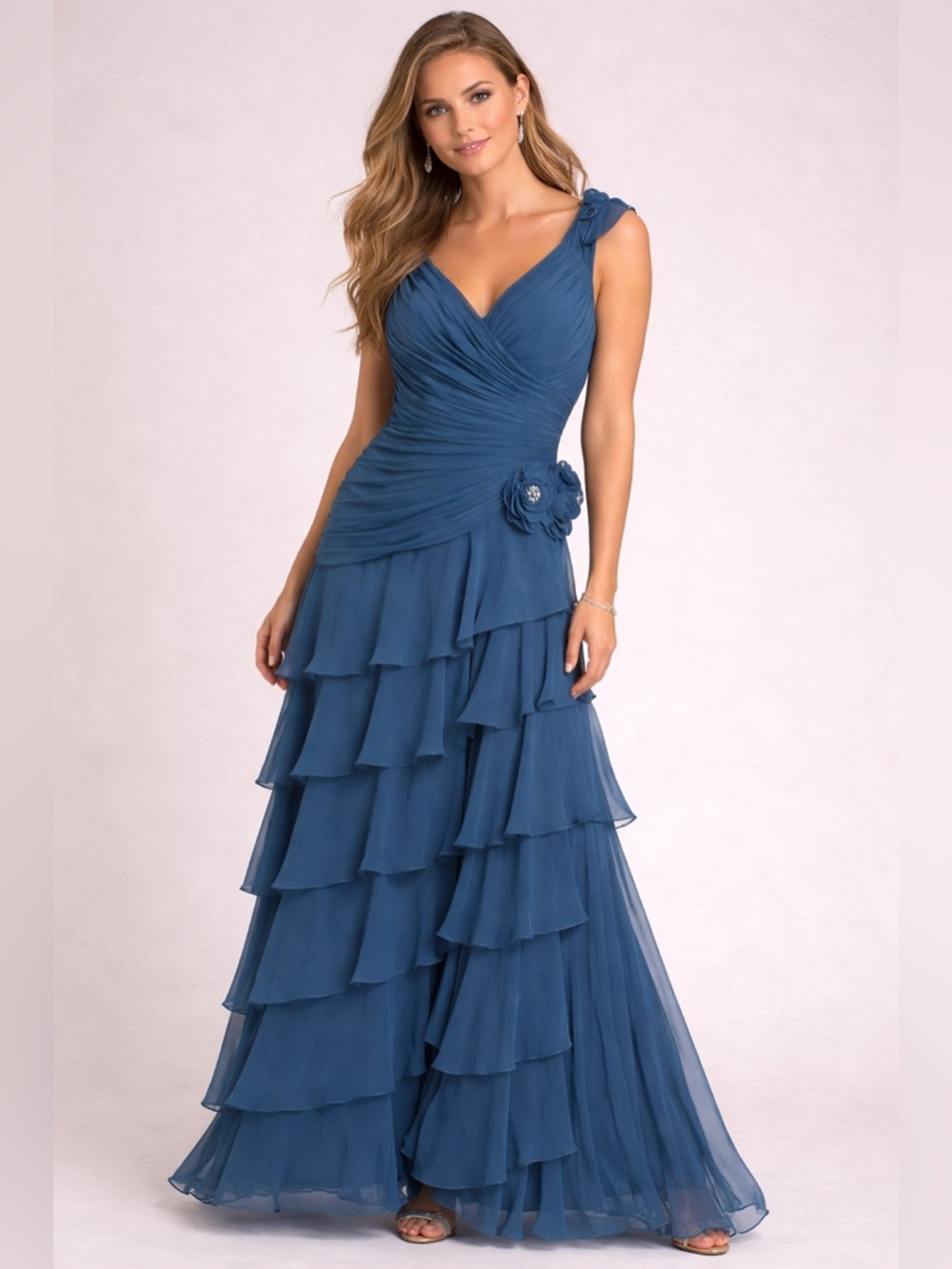 Camille La Vie Gathered Chiffon Ruffle Gown Dark Teal Dress